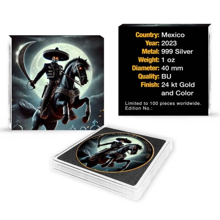 In Stock and Serial #100 0f 100! EL CHARRO NEGRO LIBERTAD 2023 1 OZ FINE SILVER 24K GOLD GILDED COLOURED COIN – MEXICO