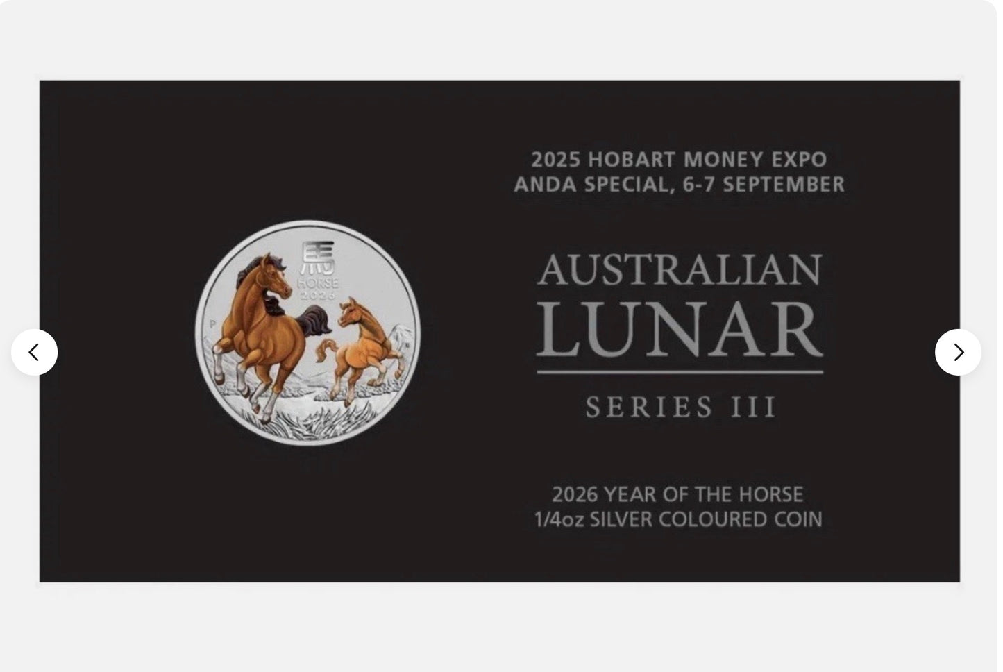 In Stock! 2026 Australia Hobart Money Expo ANDA Lunar Horse 1/4 oz SILVER COLORED IN CARD