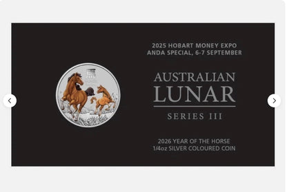 In Stock! 2026 Australia Hobart Money Expo ANDA Lunar Horse 1/4 oz SILVER COLORED IN CARD