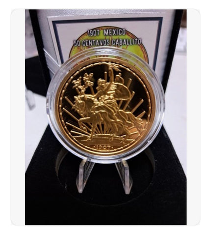 In Stock! 1907 50 c Caballito Mexico Silver Coin Gilded 300 Minted Box & COA