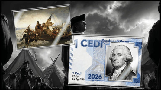 In Stock! 2026 Ghana Washington Crossing the Delaware 5g Silver Foil Note. In Silver We Trust!