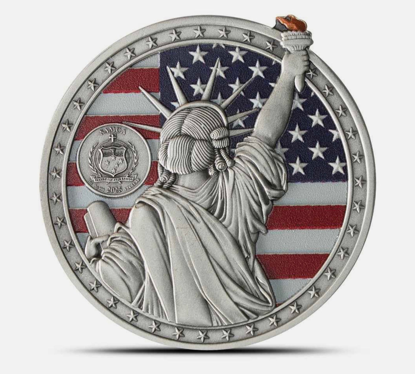 In Stock! 2025 1 oz Antique Colorized Samoa Silver Statue of Liberty Coin (Box, CoA)