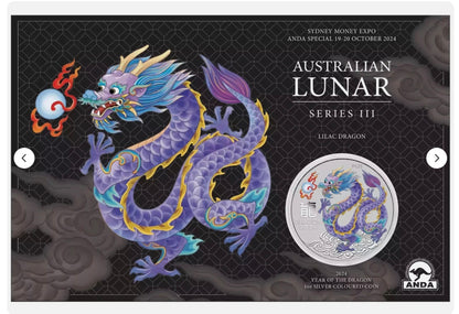 In Stock! 2024 1 oz .999 Silver Lunar Year of the Dragon Coin ANDA PERTH MONEY EXPO Lilac