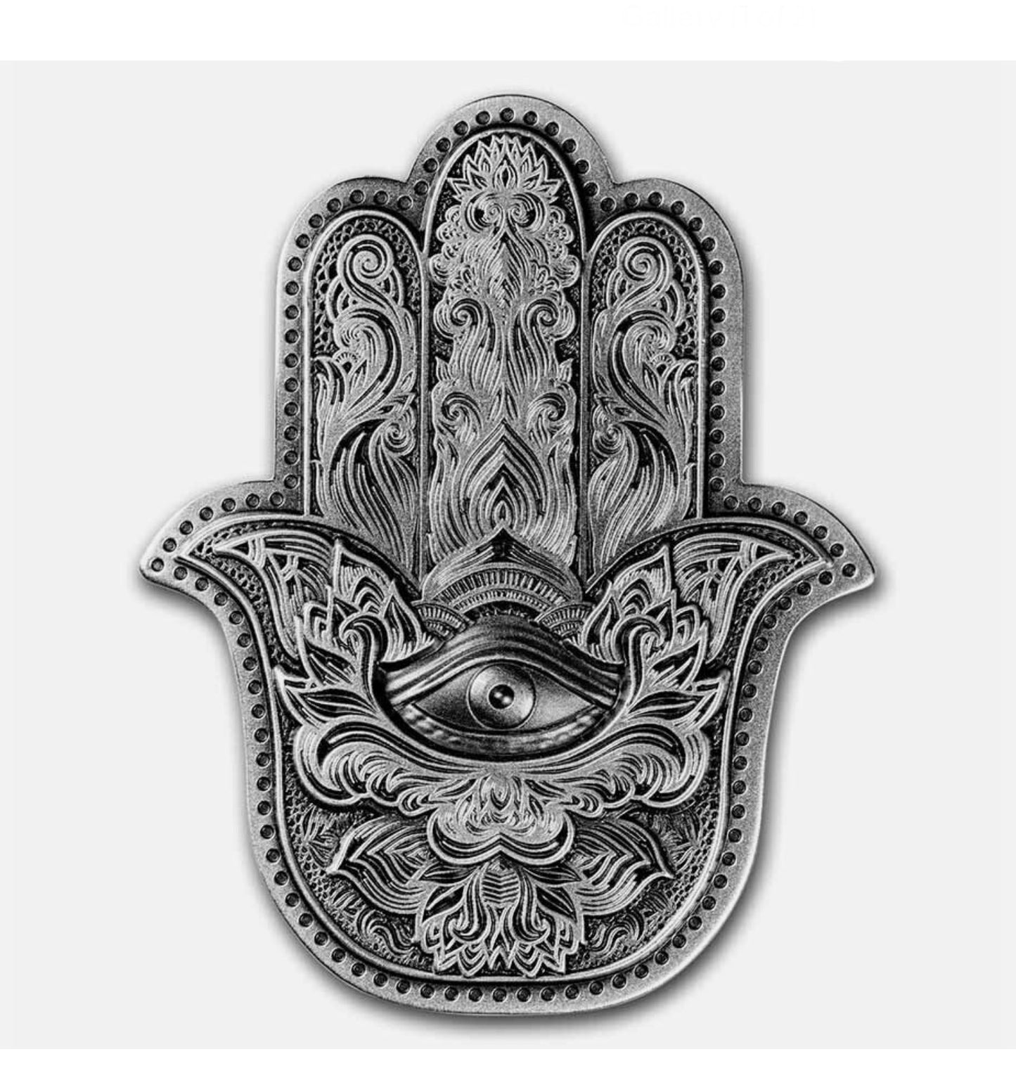 In Stock! 2022 South Korea Hamsa Hand of Fatima 2oz .999 Silver Antiqued Stacker Evil Eye