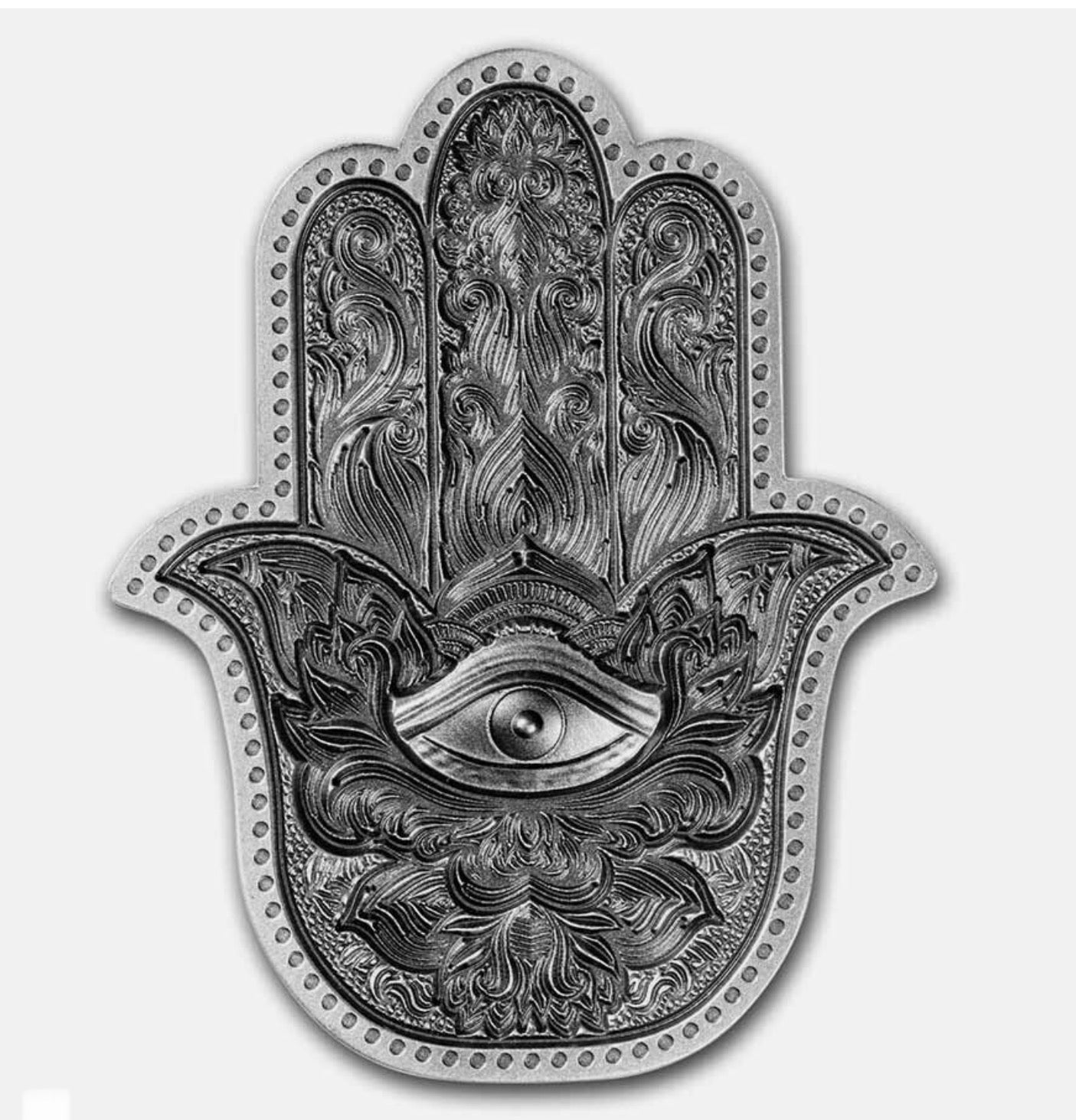 In Stock! 2022 South Korea Hamsa Hand of Fatima 2oz .999 Silver Antiqued Stacker Evil Eye
