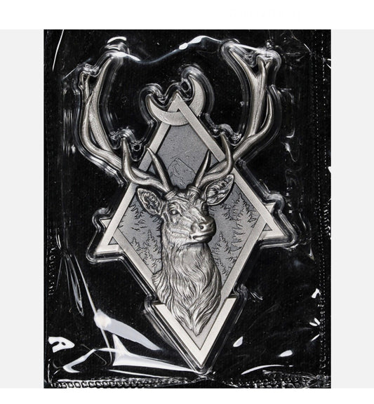 In Stock! 2 oz Korea Antique Geometric Deer Silver Stackable (High Relief)