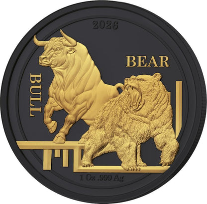In Stock! Premium 2026 Ascension Islands Golden Enigma Edition Bull vs. Bear 1 oz Black Ruthenium & 24K Gilded Silver