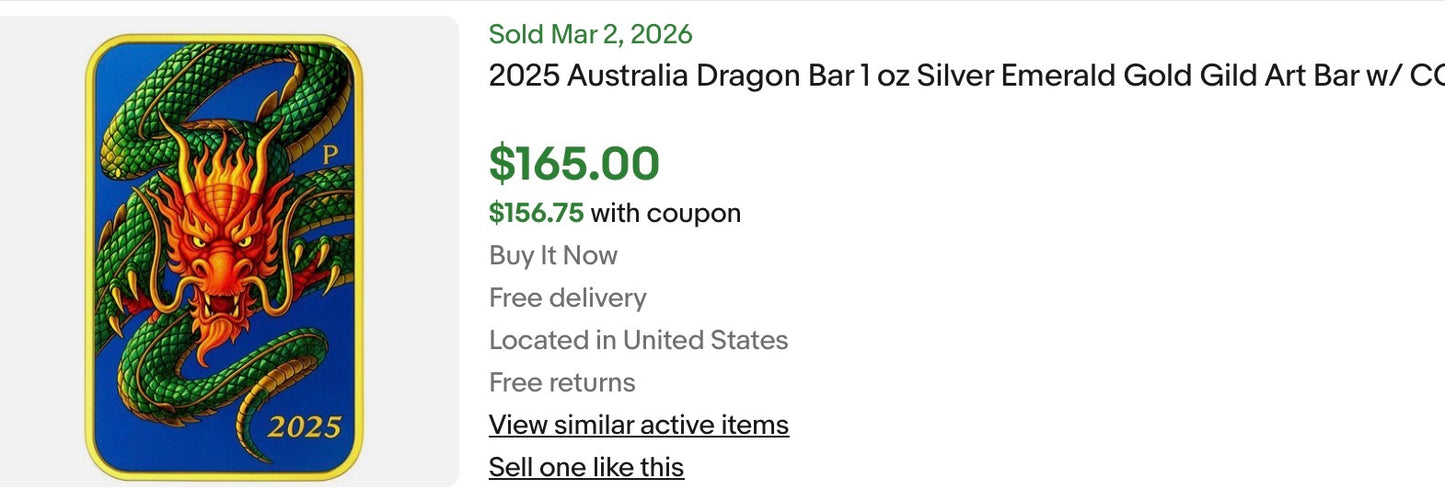 In Stock Special! 2025 Australia Rectangular Dragon Bar 1 oz Silver Colorized Art Bar
