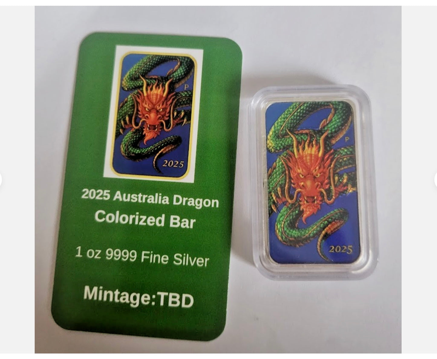 In Stock Special! 2025 Australia Rectangular Dragon Bar 1 oz Silver Colorized Art Bar