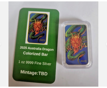 In Stock Special! 2025 Australia Rectangular Dragon Bar 1 oz Silver Colorized Art Bar