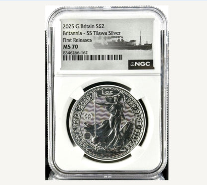 In Stock! 2025 Great Britain Britannia SS Tilawa Shipwreck 1 oz Silver Coin NGC MS70 FR