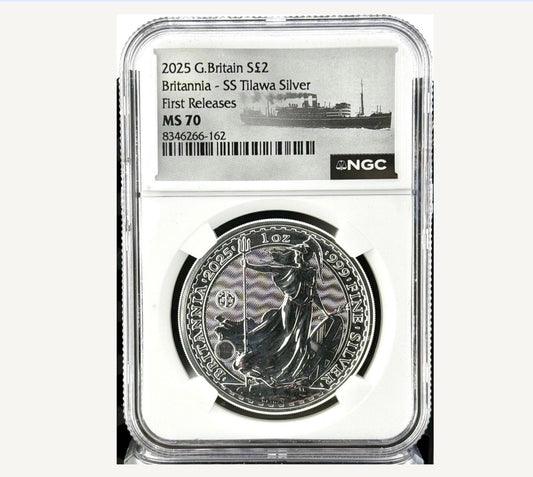 In Stock! 2025 Great Britain Britannia SS Tilawa Shipwreck 1 oz Silver Coin NGC MS70 FR