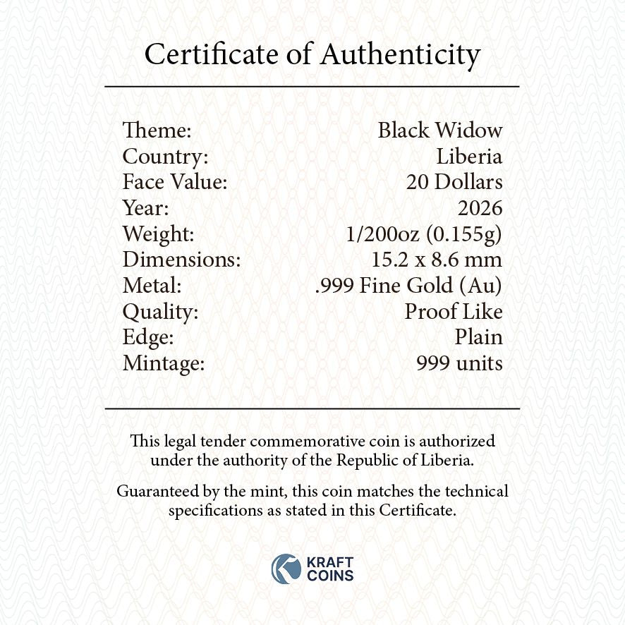 In Stock! 2026 Liberia Black Widow Spider 1/200 oz Gold Coin