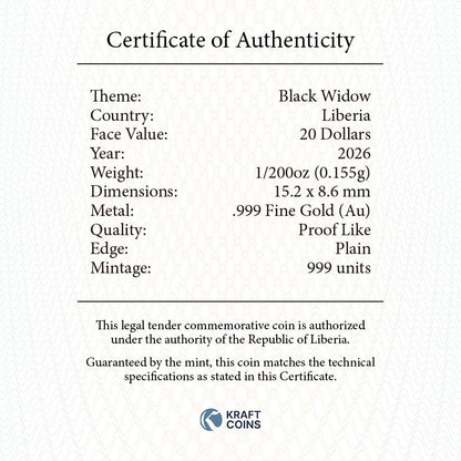 In Stock! 2026 Liberia Black Widow Spider 1/200 oz Gold Coin