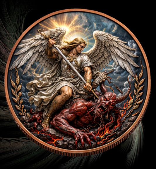 See the back! Archangel Slaying The Demon  5 oz .999 Fine Copper Double sided colorization
