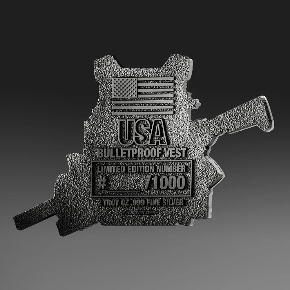In Stock! 2026 USA Bulletproof Vest Shaped 2 oz Silver Medal (04/24)