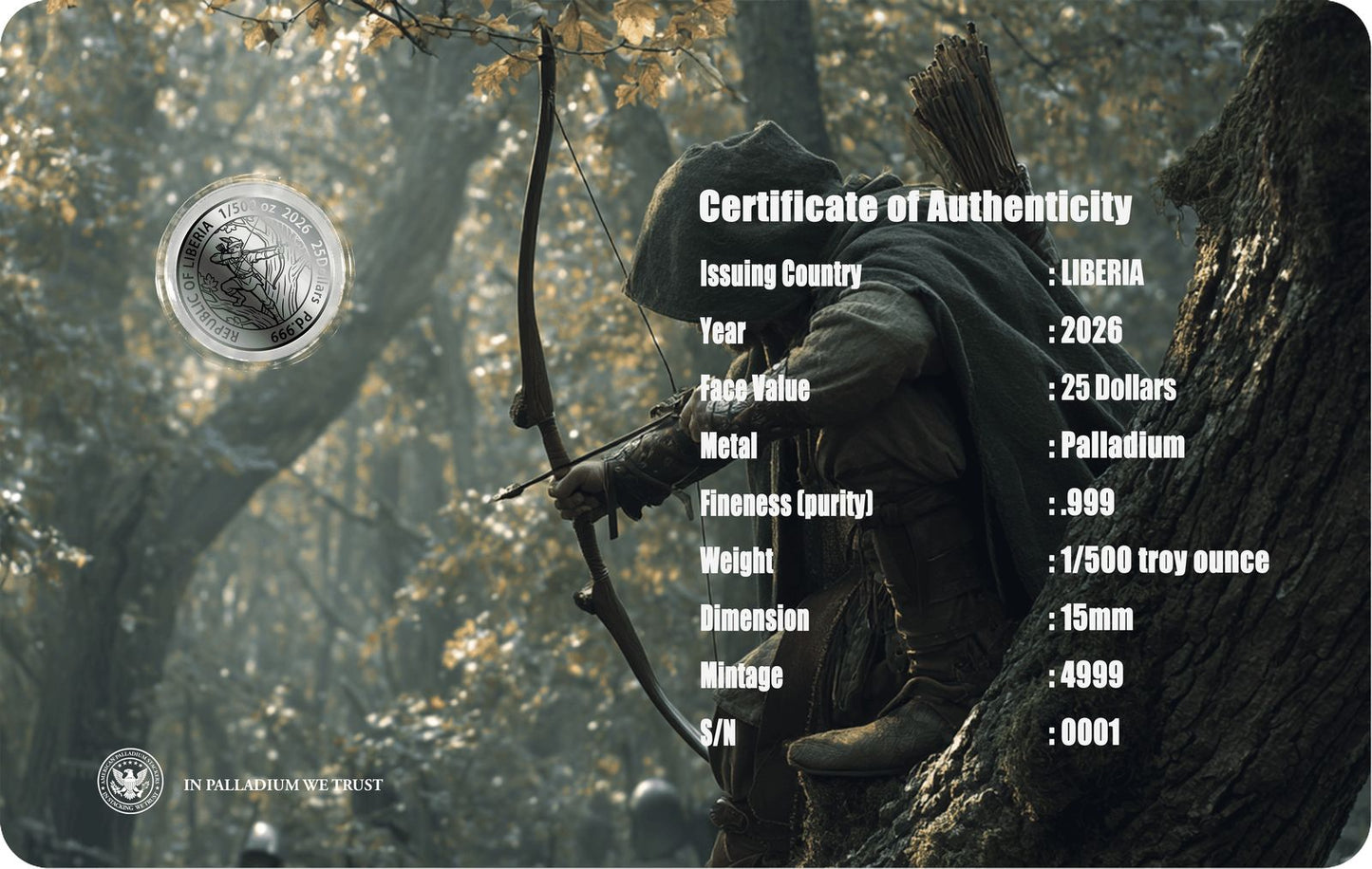 2025 Liberia Robin Hood 1/500 oz Palladium Coin in Card (04/20)