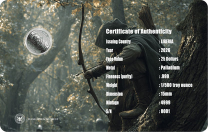 2025 Liberia Robin Hood 1/500 oz Palladium Coin in Card (04/20)