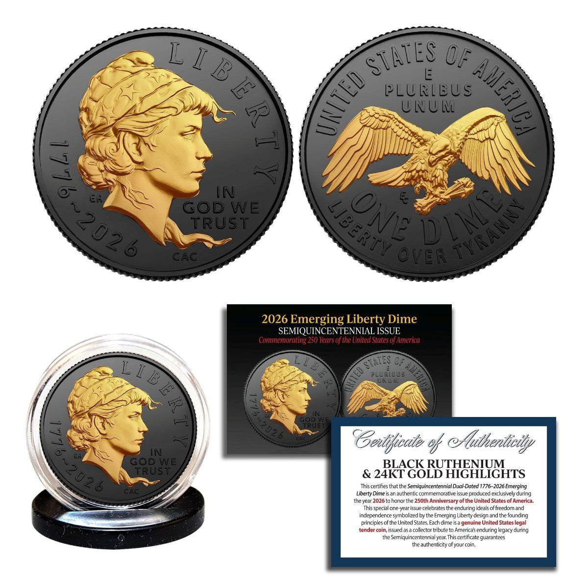 2026-P U.S. Emerging Liberty Dime Black Ruthenium & 24k Gold Edition CN Coin (04/22)
