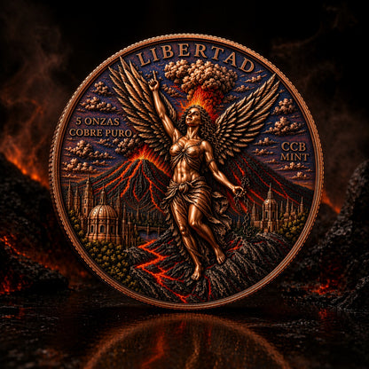 Libertad of Fire 5 Onzas Copper Round – Cobre Puro Volcanic Libertad Coin with Mexican Eagle Reverse