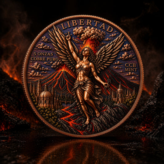 Libertad of Fire 5 Onzas Copper Round – Cobre Puro Volcanic Libertad Coin with Mexican Eagle Reverse