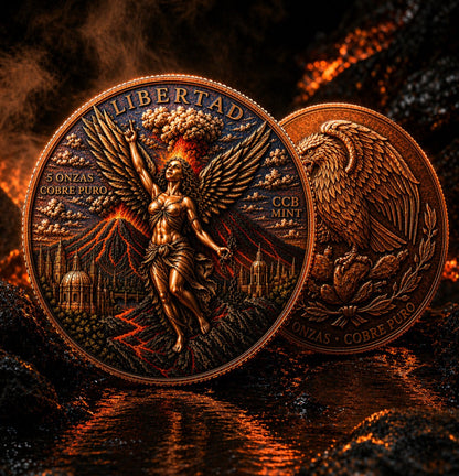 Libertad of Fire 5 Onzas Copper Round – Cobre Puro Volcanic Libertad Coin with Mexican Eagle Reverse