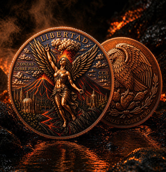 Libertad of Fire 5 Onzas Copper Round – Cobre Puro Volcanic Libertad Coin with Mexican Eagle Reverse
