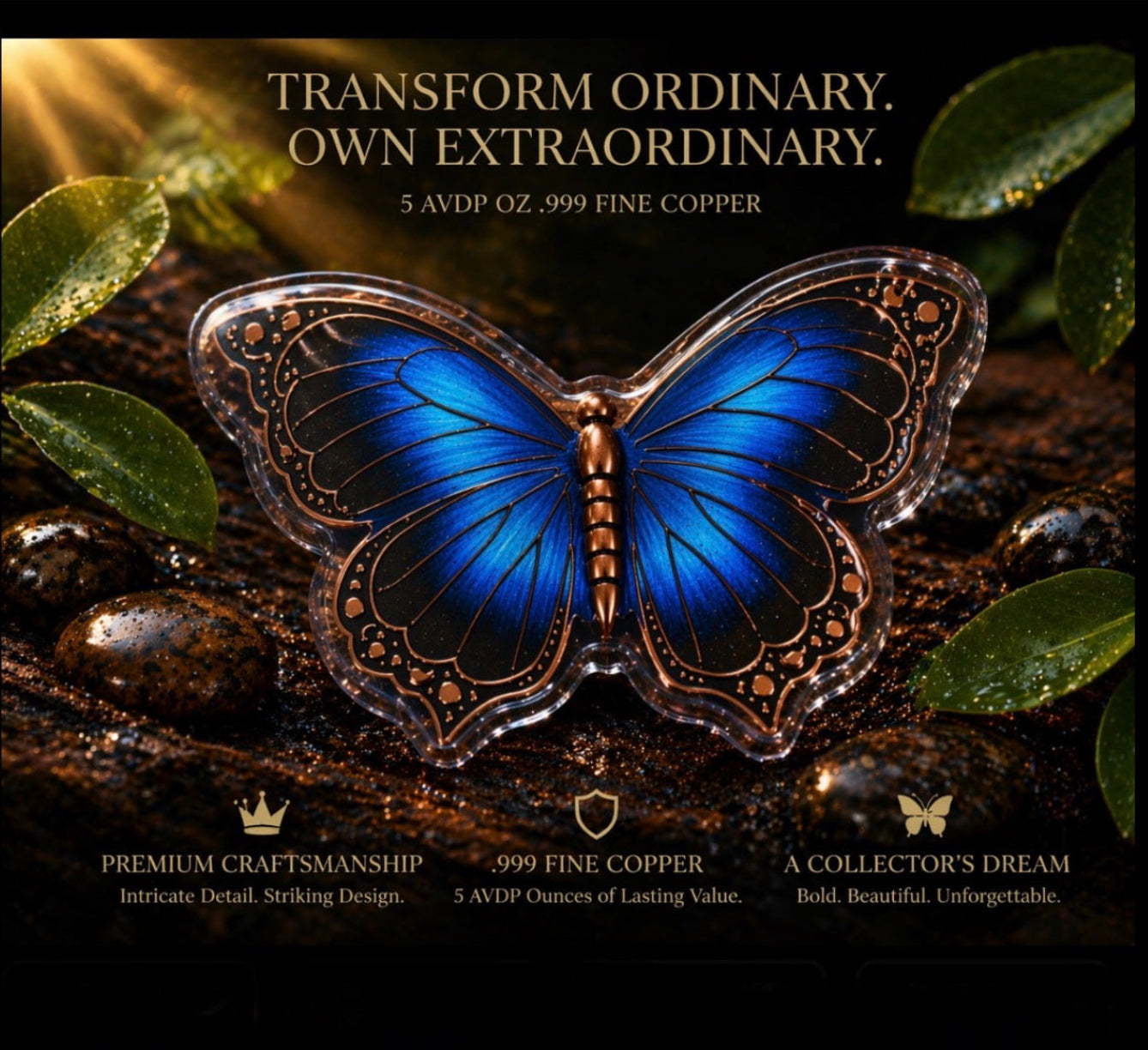 5 AVDP OZ .999 Fine Copper Butterfly Bar – Copper Bullion Art Piece