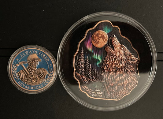 In Stock! Northern Lights Howling Wolf HR 3 oz Copper Medal
