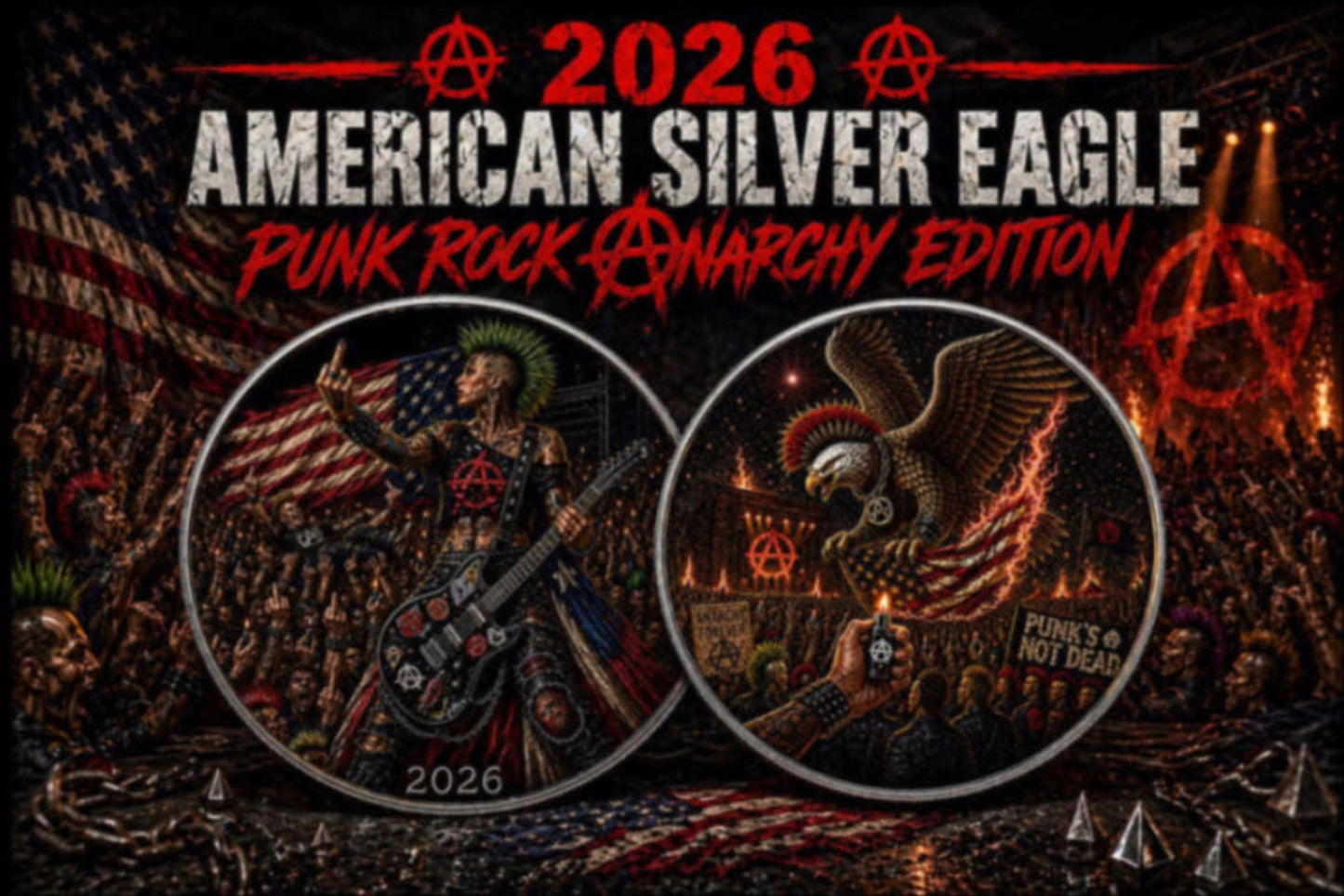 In Stock! 2026 American Silver Eagle: Punk Rock Anarchy Edition 1 oz Silver Coin (Mintage TBD at end of Presale)
