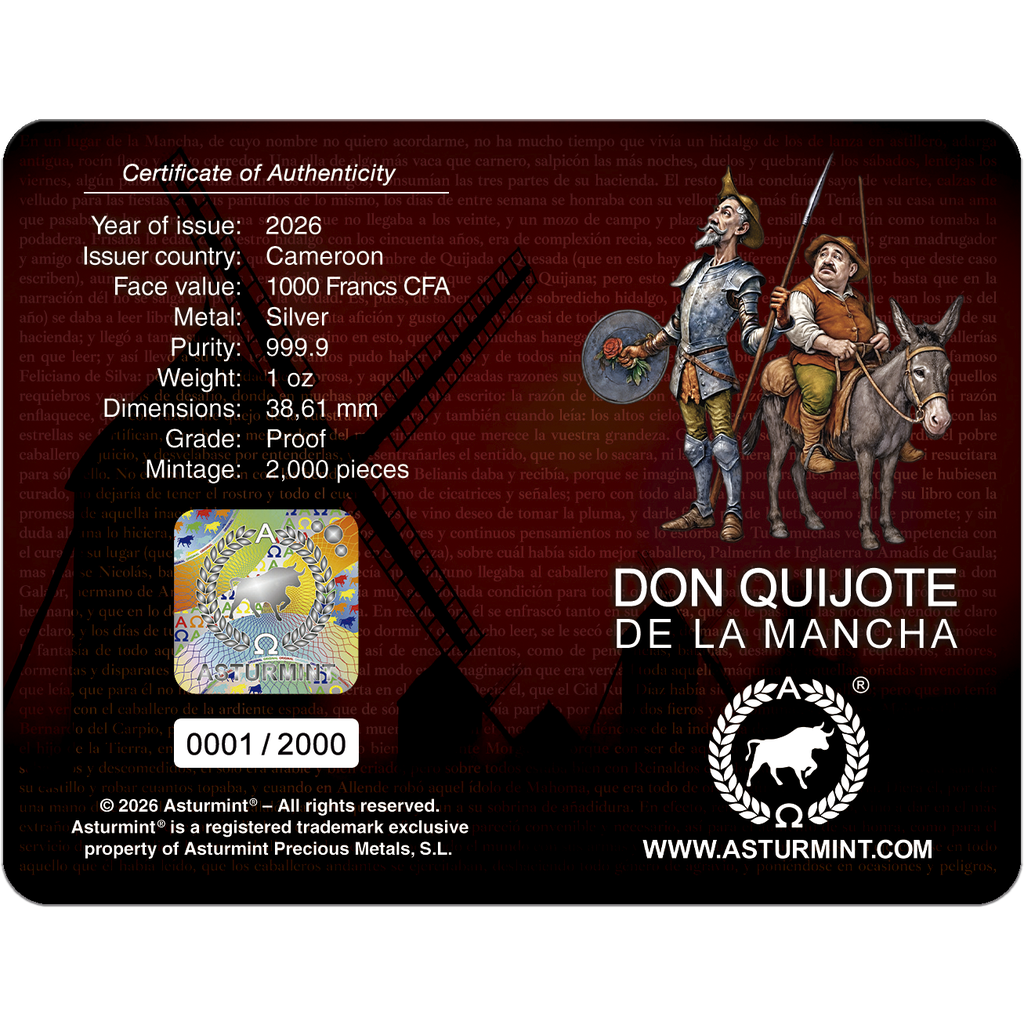 In Stock! 2026 Cameroon Don Quijote de la Mancha Proof 1 oz Silver Coin in Card