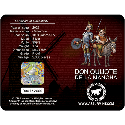 In Stock! 2026 Cameroon Don Quijote de la Mancha Proof 1 oz Silver Coin in Card