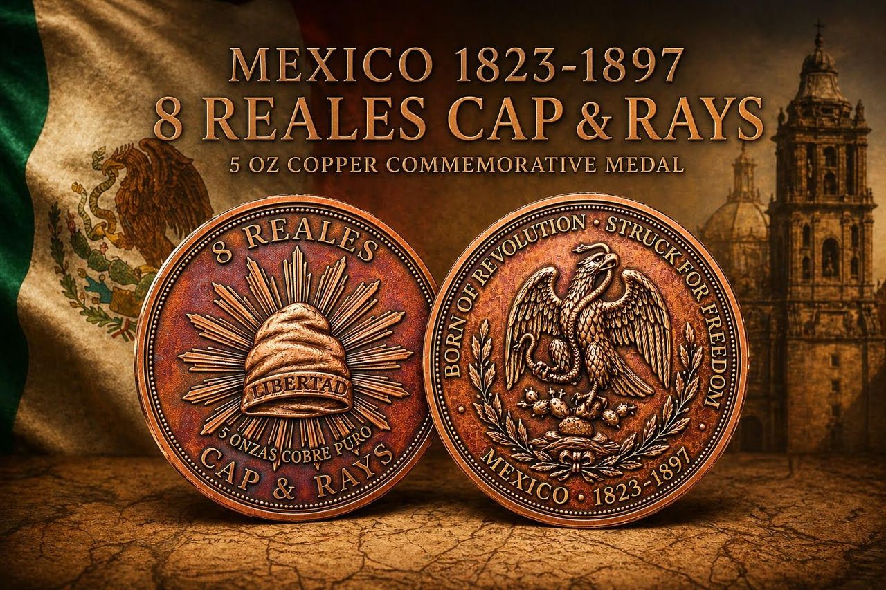 Mexico 1823 - 1897 8 Reales Cap & Rays 5 oz Copper Medal (05/06)
