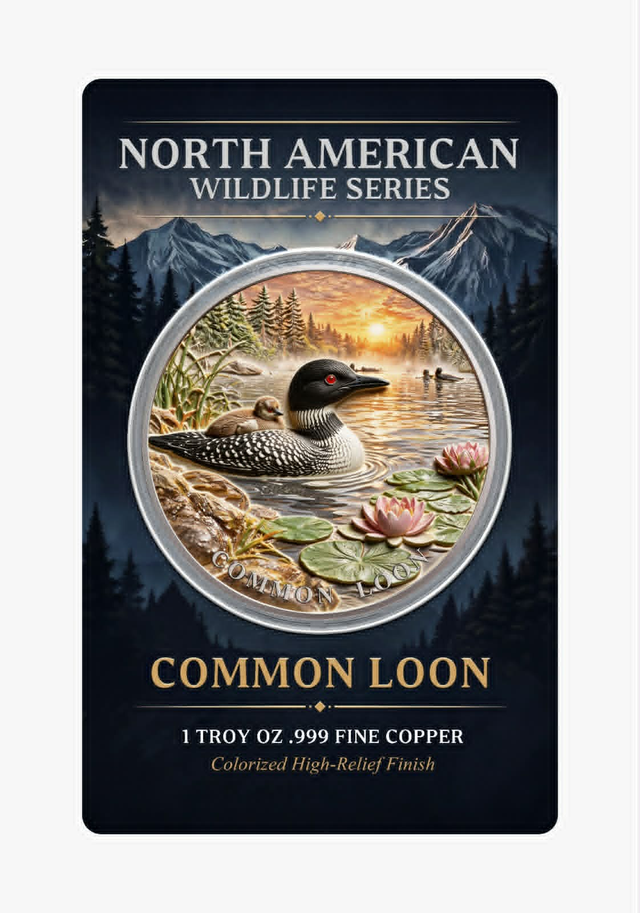 In Stock! North American Wildlife - Common Loon UHR Colorized 1 oz Copper Medal in Card
