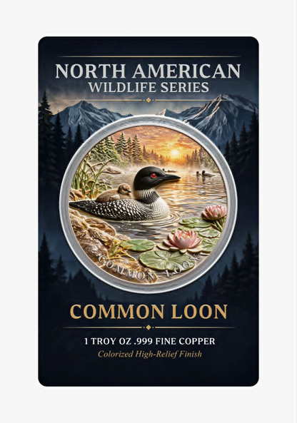 In Stock! North American Wildlife - Common Loon UHR Colorized 1 oz Copper Medal in Card