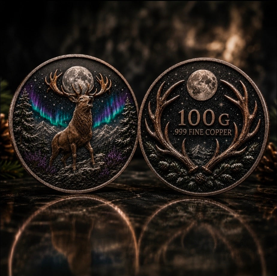 2026 Stag Coin | Northern Lights Moon Deer 100 Grams .999 Fine Copper Collectible Round