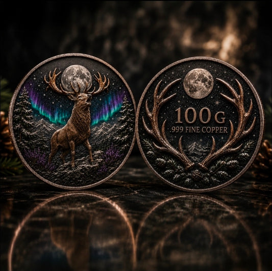 2026 Stag Coin | Northern Lights Moon Deer 100 Grams .999 Fine Copper Collectible Round