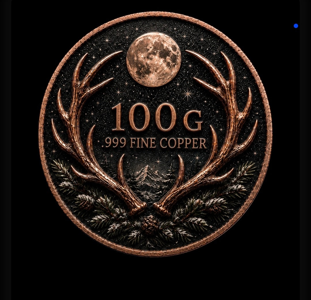 2026 Stag Coin | Northern Lights Moon Deer 100 Grams .999 Fine Copper Collectible Round