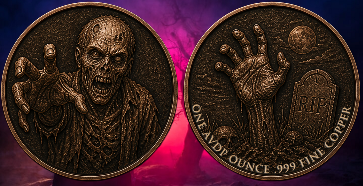 In Stock! Antiqued Zombie 1 oz Copper Round