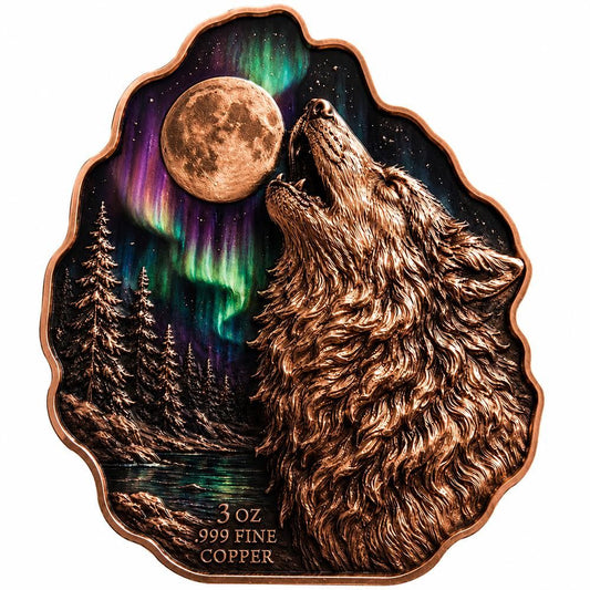 Northern Lights Howling Wolf HR 3 oz Copper Medal (05/18)