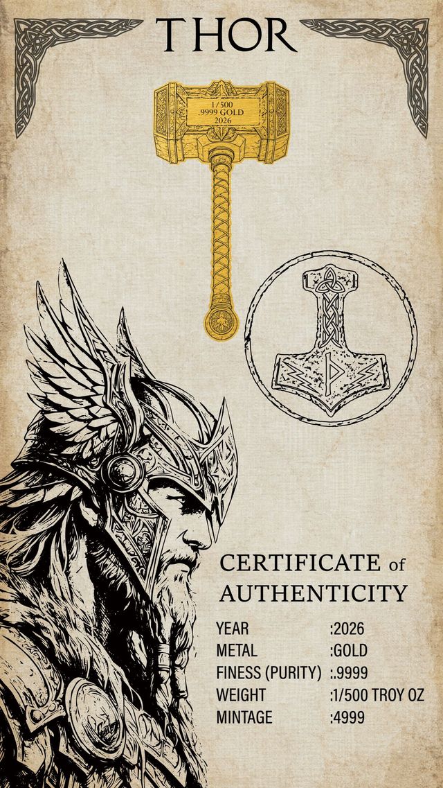 2026 Thor's Hammer Shaped 1/500 oz Gold Medal in Card (05/16)