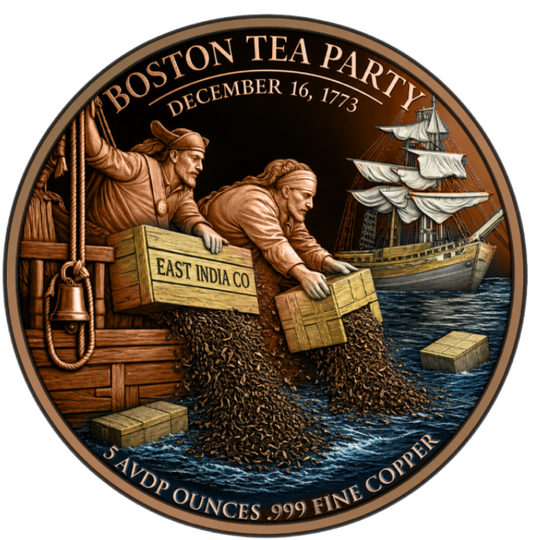 See the Back! 5oz Boston Tea Party Commemorative Colorized Copper in Capsule