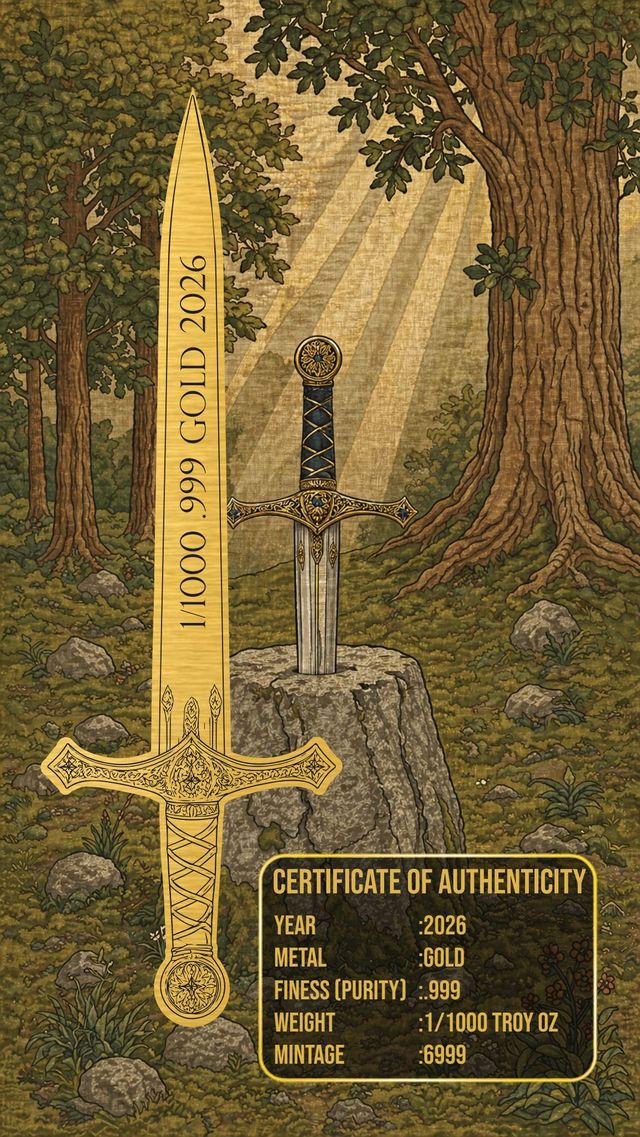 2026 Excalibur Shaped 1/1000 oz Gold Bar in Card