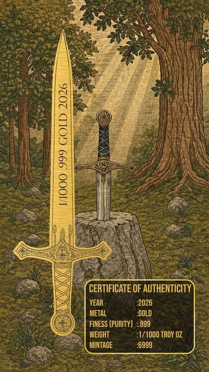 2026 Excalibur Shaped 1/1000 oz Gold Bar in Card