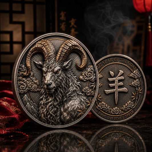 2027 Year of the Goat 100g .999 Fine Copper Coin – Chinese Zodiac High Relief Collectible Round