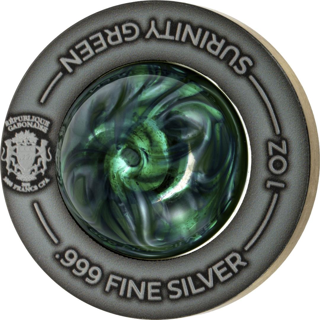 2025 Gabon Surinity Green 1 oz Silver Coin w/ Handmade Glass Sphere w/Gold, Platinum, and Silver Particles by Kevin O'Grady (500 Mintage)