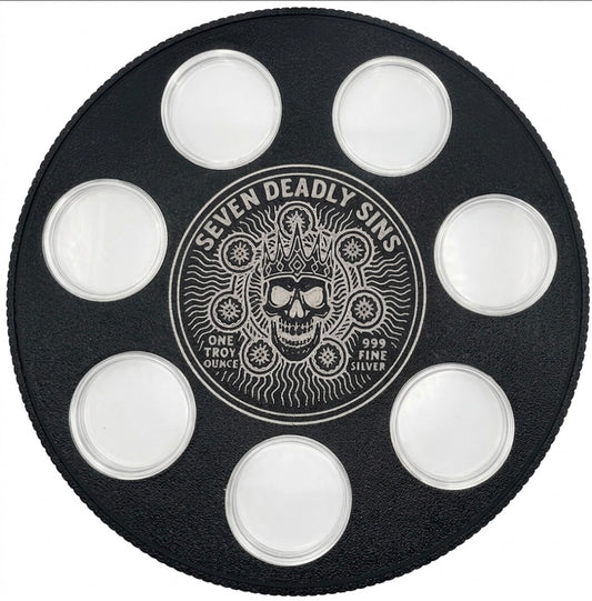 7 DEADLY SINS WALL HANGER COIN DISPLAY! BLACK AND SILVER COLOR SCHEME.