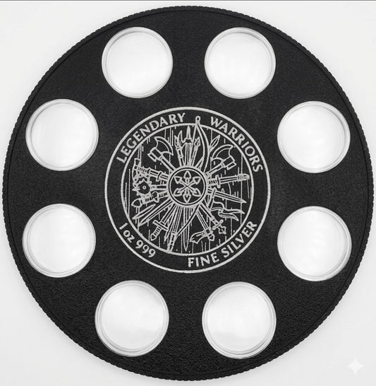 LEGENDARY WARRIORS WALL HANGER COIN DISPLAY! BLACK AND SILVER COLOR SCHEME.