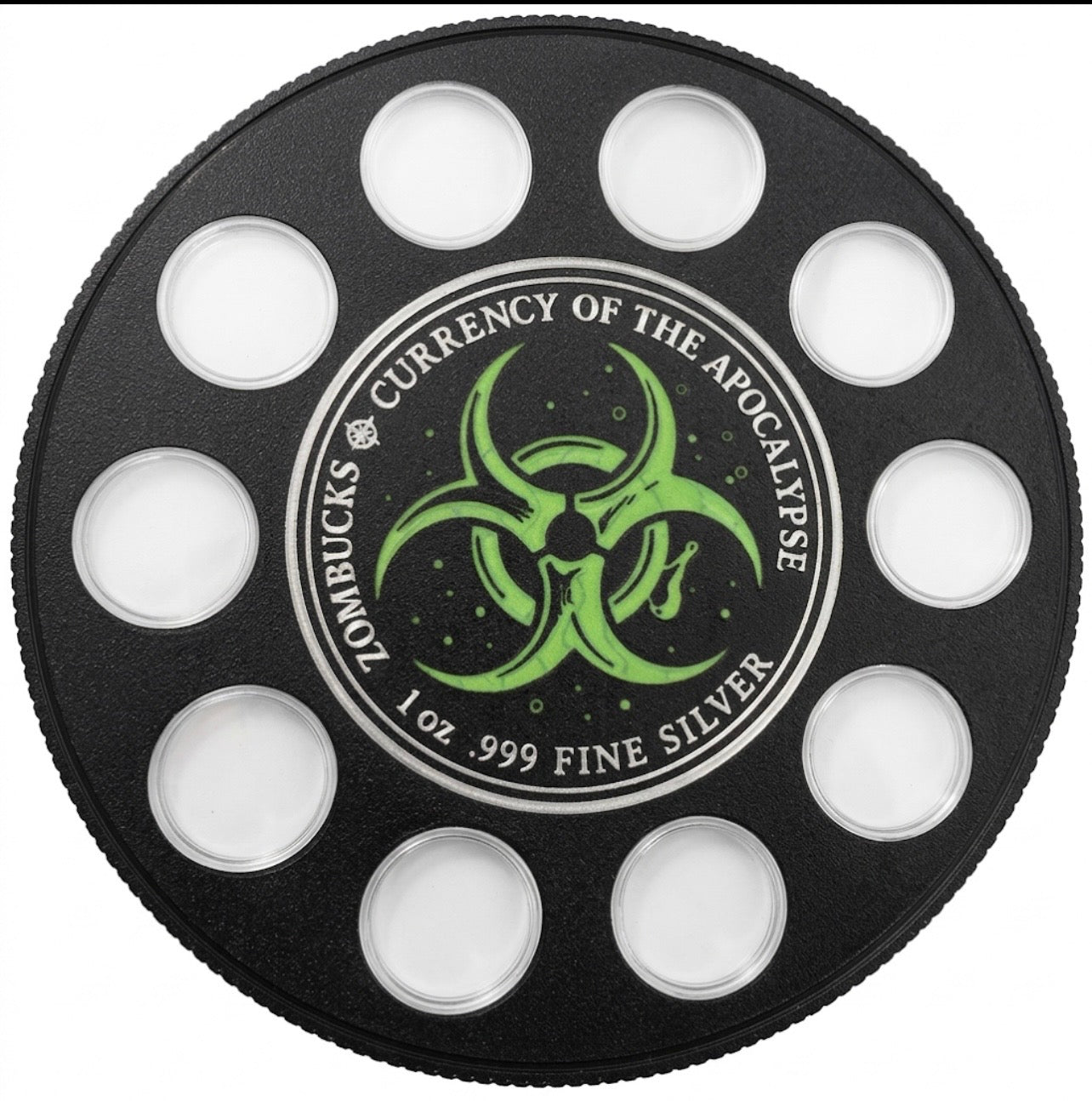 ZOMBUCKS CURRENCY OF THE APOCALYPSE WALL HANGER COIN DISPLAY! BLACK AND NEON GREEN COLOR SCHEME.