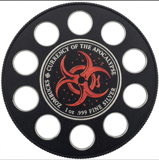 ZOMBUCKS CURRENCY OF THE APOCALYPSE WALL HANGER COIN DISPLAY! BLACK AND RED COLOR SCHEME.